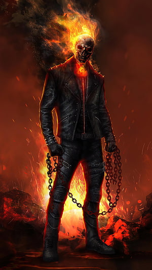 Ghost Rider Marvel Character in Black Leather Jacket with Burning Skull and Chains HD phone wallpaper