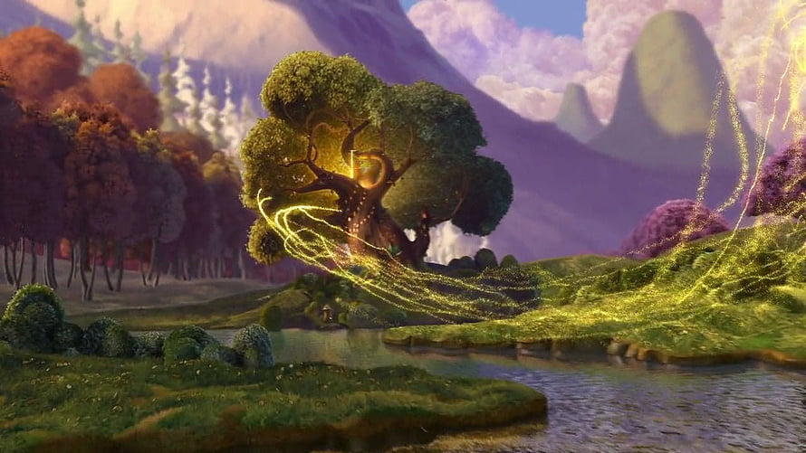 Pixie Hollow Enchanted Forest Scene with Glowing Tree and Magical Light Trails HD wallpaper