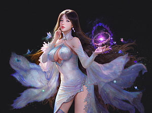 Ethereal Fantasy Woman in Flowing White Dress with Purple Magic and Glowing Butterflies, Fantasy girl, white, black, frumusete, fantays, ahri, girl, fox, purple, pink, fantasy, magical, luminos, ruoxin zhang HD wallpaper