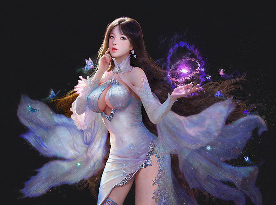 Ethereal Fantasy Woman in Flowing White Dress with Purple Magic and Glowing Butterflies HD wallpaper