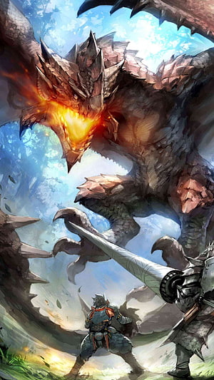 Rathalos Dragon Confronting Hunters in Monster Hunter Fantasy Artwork HD phone wallpaper