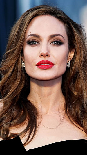 Angelina Jolie Close-Up Portrait with Red Lipstick and Diamond Earrings HD phone wallpaper