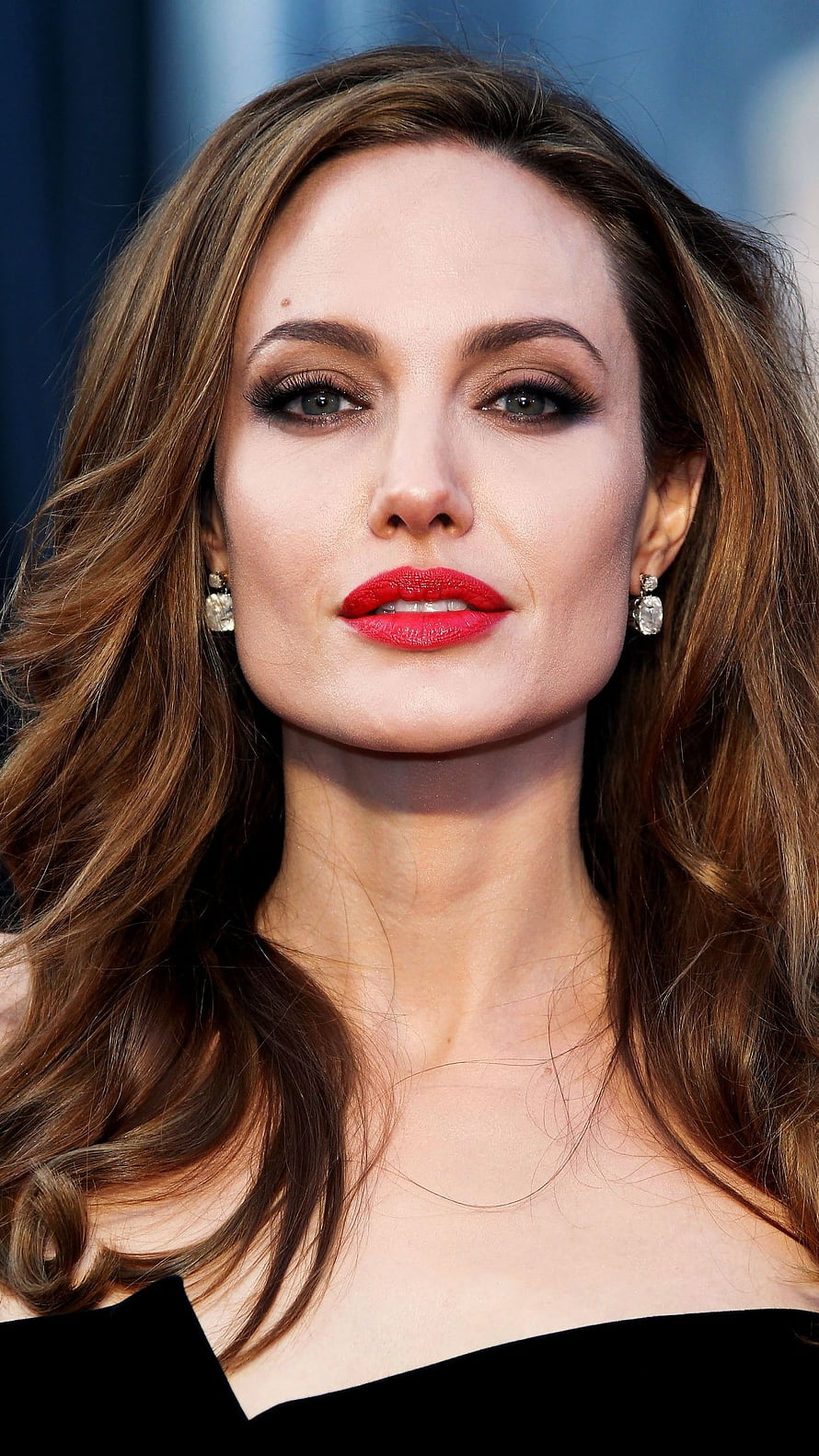 Angelina Jolie Close-Up Portrait with Red Lipstick and Diamond Earrings HD phone wallpaper