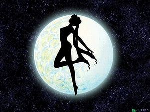 Sailor Moon Silhouette Dancing Against a Glowing Full Moon in a Starry Night Sky HD wallpaper