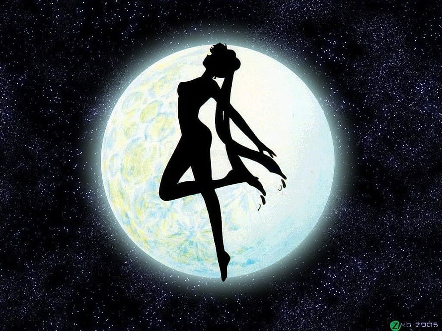 Sailor Moon Silhouette Dancing Against a Glowing Full Moon in a Starry Night Sky HD wallpaper