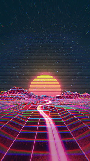Retro Synthwave Grid Landscape with Neon Sunset and Starry Sky HD phone wallpaper