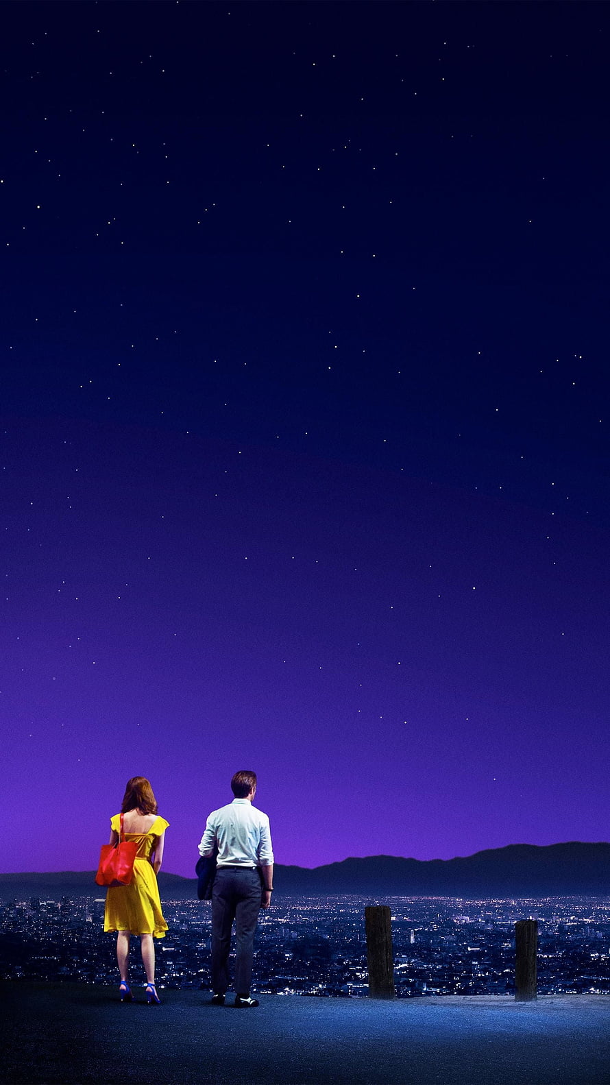 La La Land Couple Gazing at Starry Night Sky Over City Lights HD phone wallpaper
