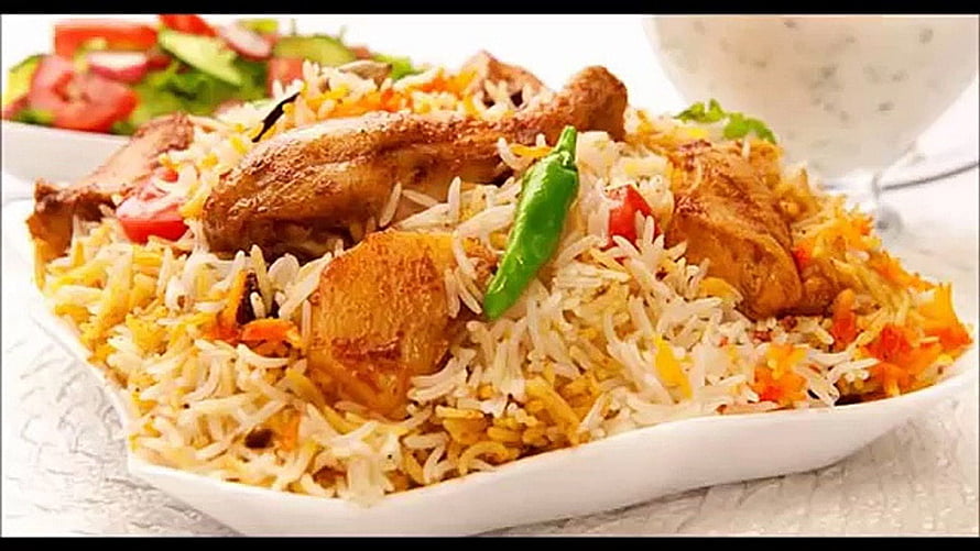 Chicken Biryani with Saffron Rice, Grilled Meat, and Fresh Salad Garnish HD wallpaper