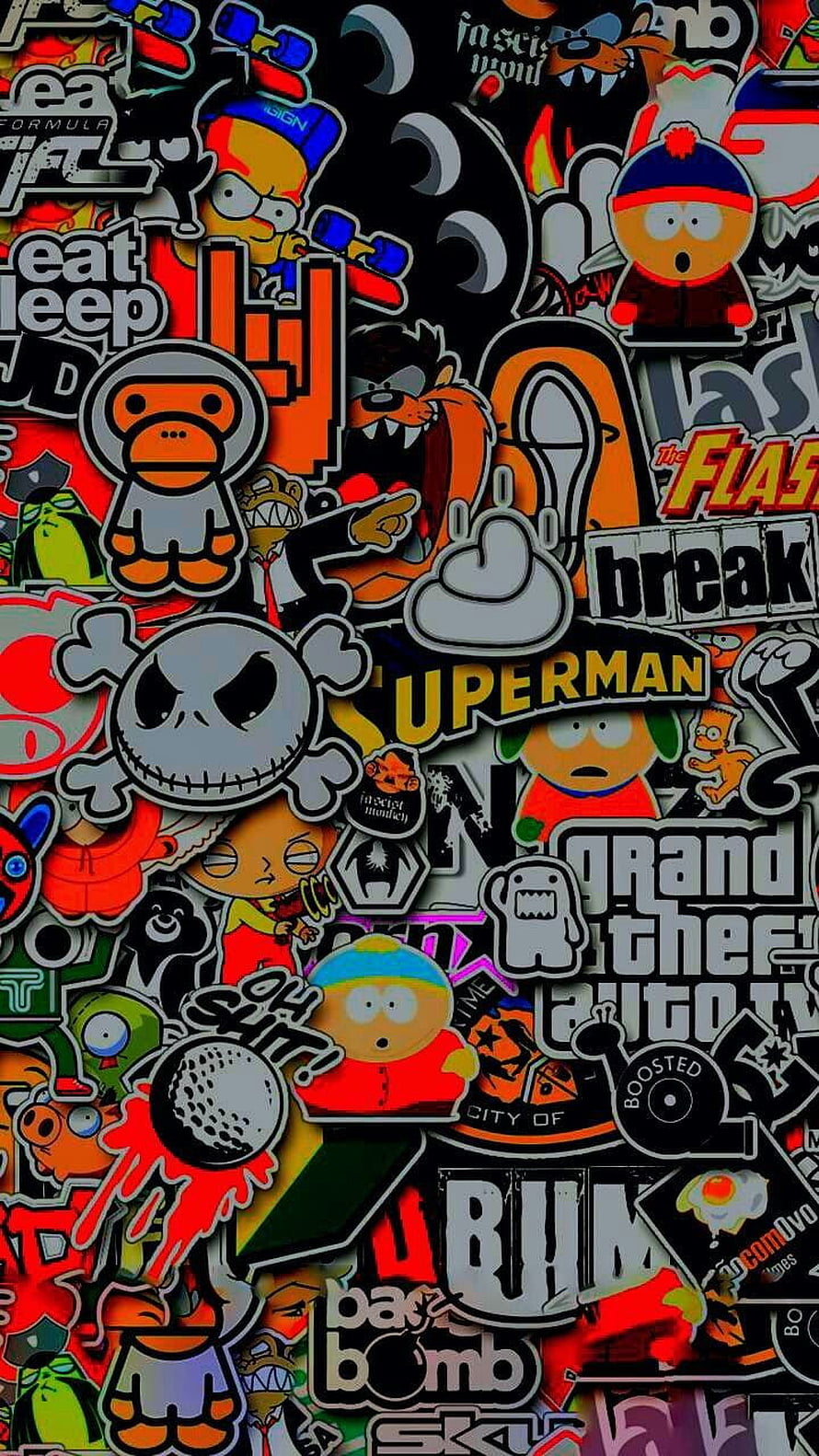 Dense Sticker Bomb Collage Featuring South Park, Grand Theft Auto, and Pop Culture Icons HD phone wallpaper