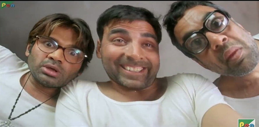 Hera Pheri Movie Still Featuring Three Men in White Shirts Making Funny Faces HD wallpaper