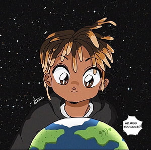 Juice WRLD Anime Style Portrait Holding Planet Earth Against Starry Space Background HD wallpaper