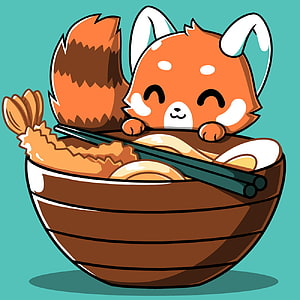 Cute Red Panda Peeking Out of a Udon Noodle Bowl with Chopsticks HD phone wallpaper