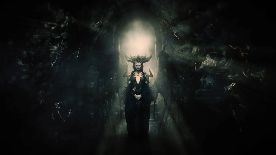 Lilith from Diablo 4 in a dark cathedral with ethereal light and shadowy figures HD wallpaper