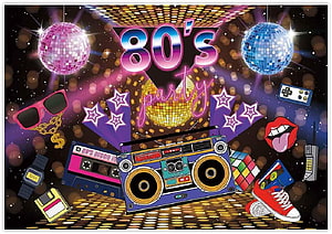 Retro 80s Party Illustration Featuring Boombox, Cassette Tape, and Disco Balls HD wallpaper