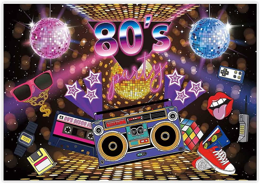 Retro 80s Party Illustration Featuring Boombox, Cassette Tape, and Disco Balls HD wallpaper