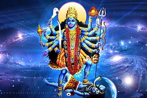 Maa Kali Divine Multi-Armed Goddess Illustration Against Cosmic Galaxy Background HD wallpaper