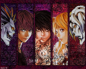 Death Note Anime Character Lineup Featuring L, Light, Misa, and Ryuk in Dark Purple Panel Art HD wallpaper