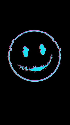 Glitch Art Smiling Face with Neon Cyan and Pink Chromatic Aberration on Black Background HD phone wallpaper