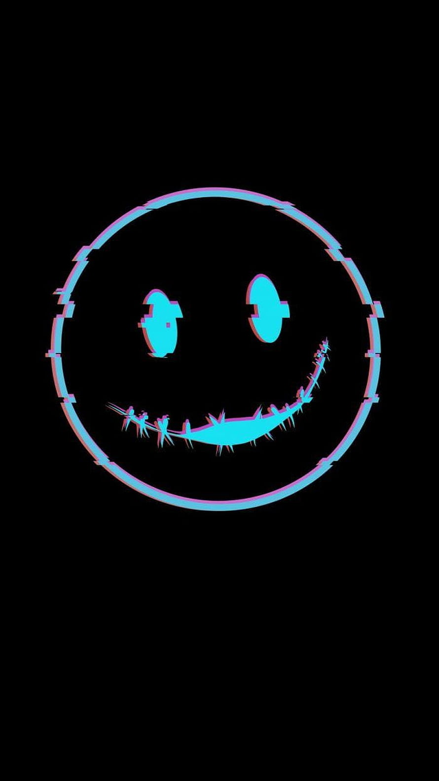 Glitch Art Smiling Face with Neon Cyan and Pink Chromatic Aberration on Black Background HD phone wallpaper