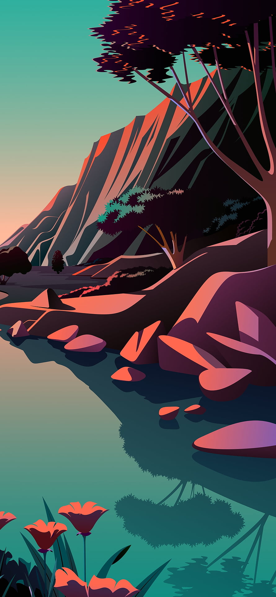 Stylized Mountain Valley Landscape with River and Wildflowers at Dusk HD phone wallpaper