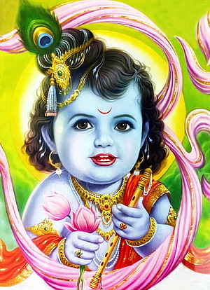 Baby Krishna with Peacock Feather, Lotus, and Flute in Vibrant Divine Art HD phone wallpaper