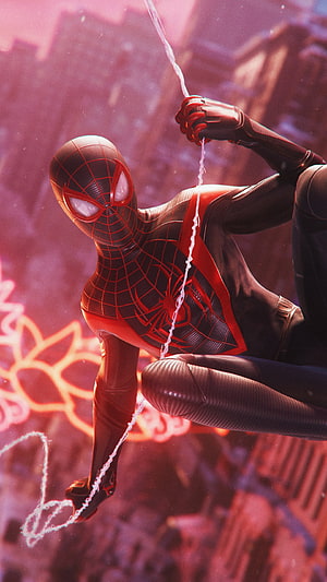 Miles Morales Spider-Man in Red and Black Suit Swinging Through Neon City HD phone wallpaper