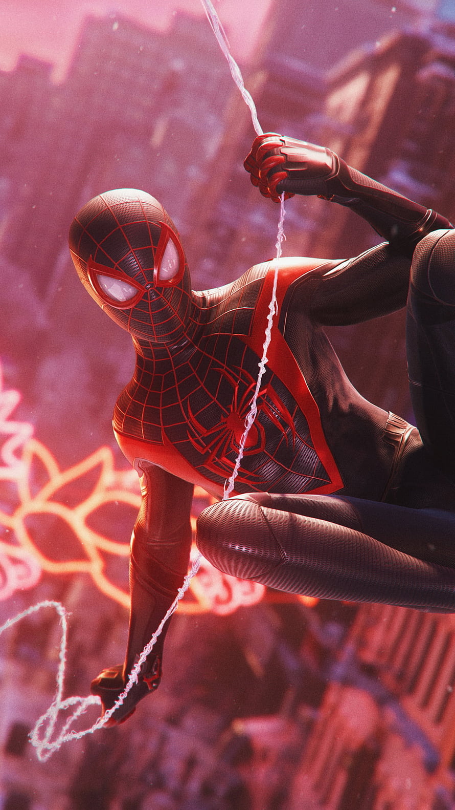 Miles Morales Spider-Man in Red and Black Suit Swinging Through Neon City HD phone wallpaper