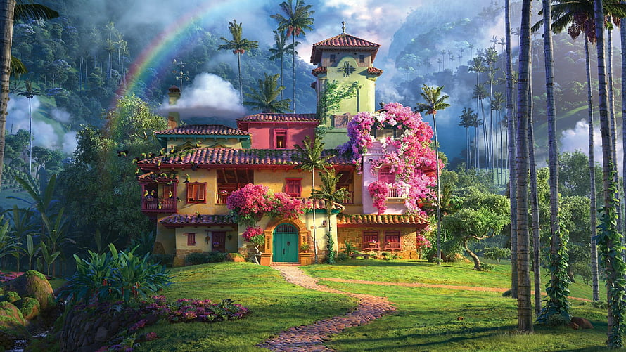 Encanto Villa Surrounded by Lush Jungle, Blooming Flowers, and a Vibrant Rainbow HD wallpaper