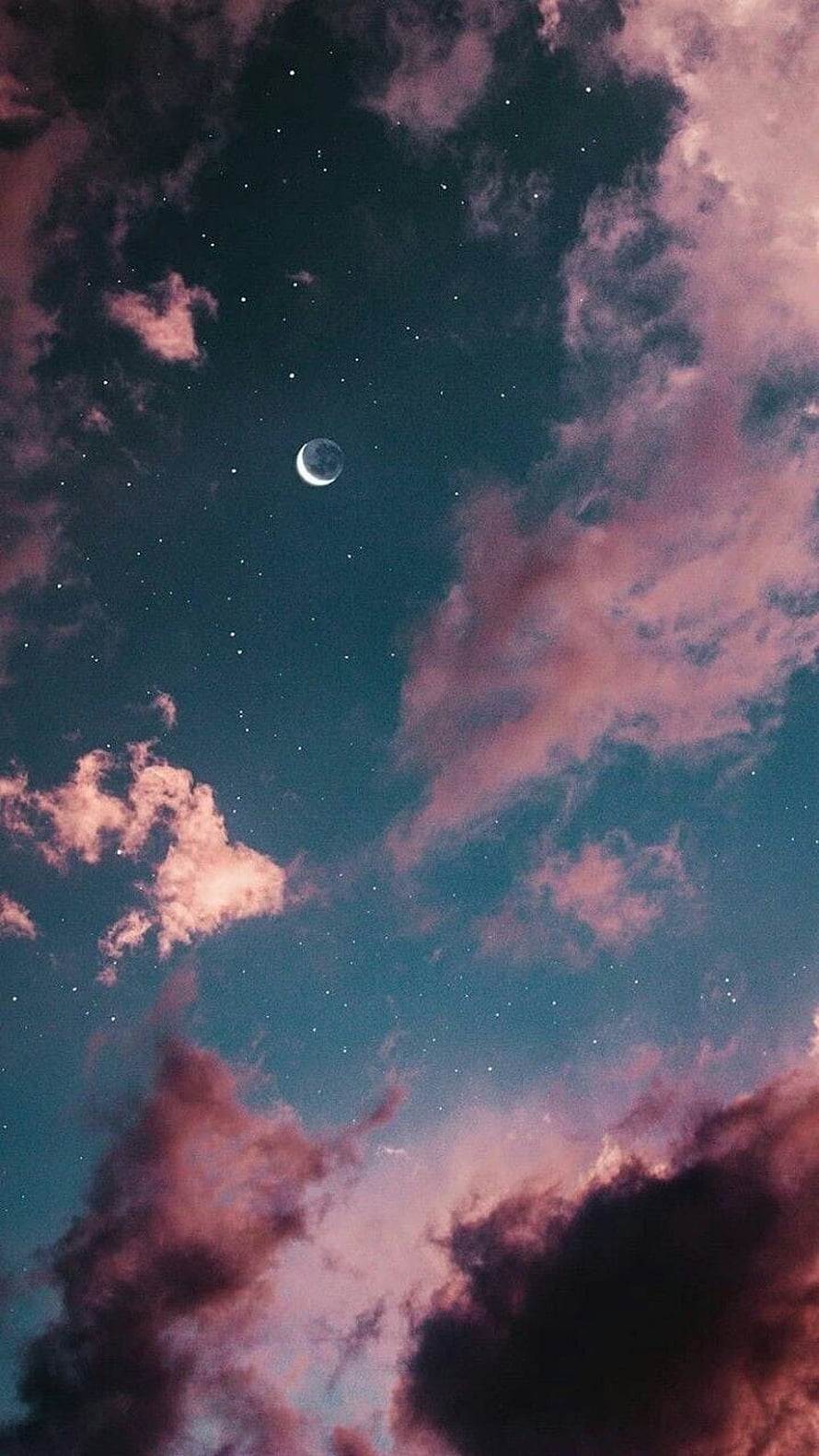 Pastel Blue Night Sky with Crescent Moon and Pink Clouds HD phone wallpaper