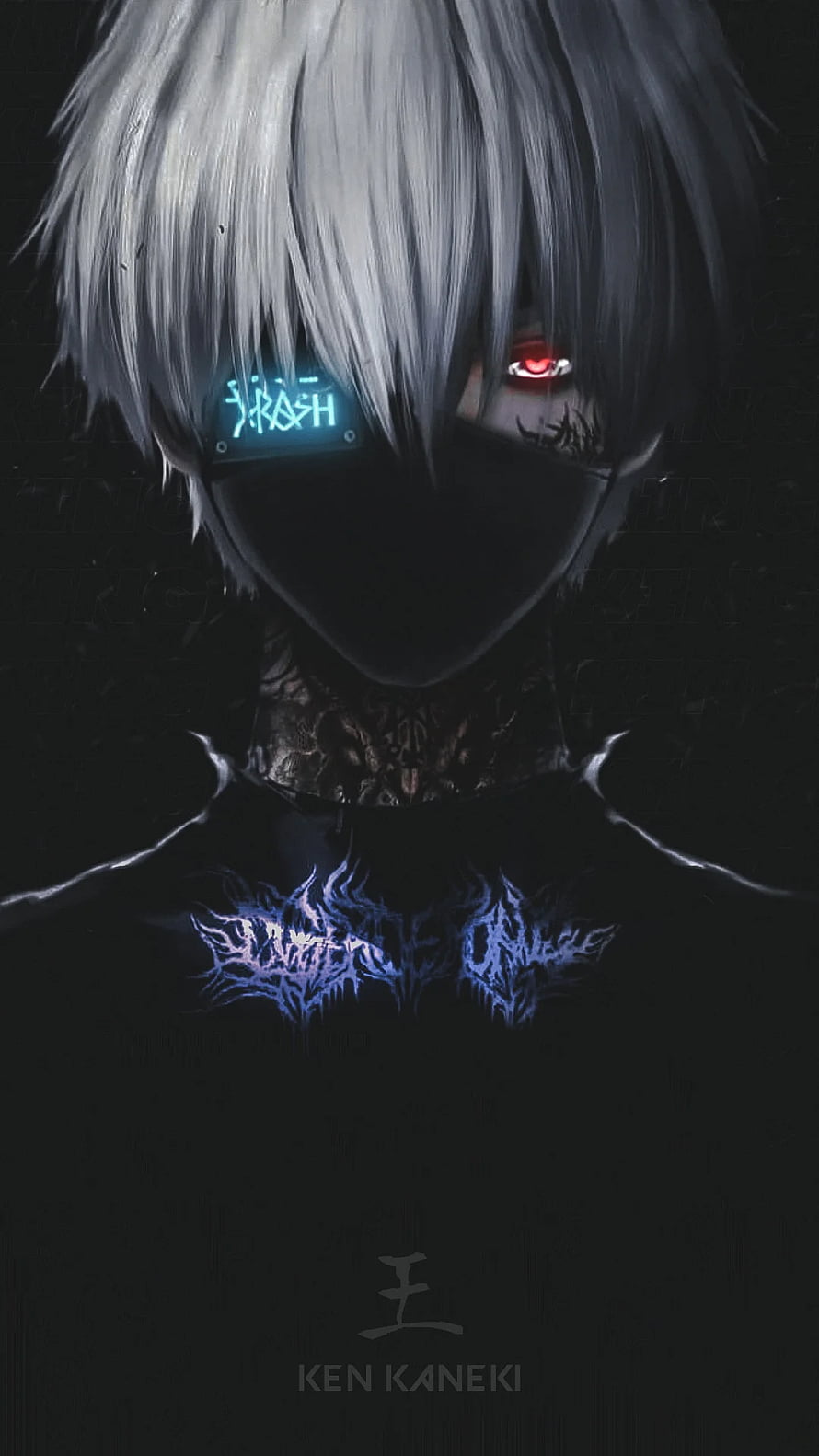 Ken Kaneki from Tokyo Ghoul with glowing red eye and cybernetic mask in dark portrait HD phone wallpaper