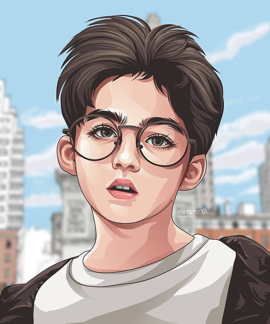 Digital Illustration of a Young Boy with Round Glasses and Brown Hair in an Urban Setting HD phone wallpaper