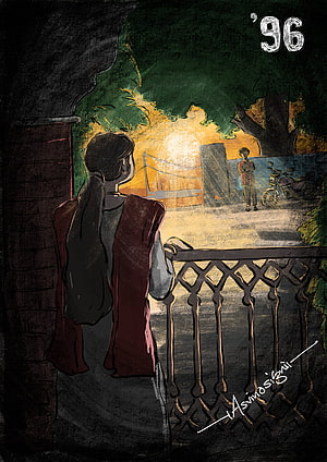 Nostalgic 96 Movie Artwork Featuring Ram and Janu at a Balcony Sunset HD phone wallpaper