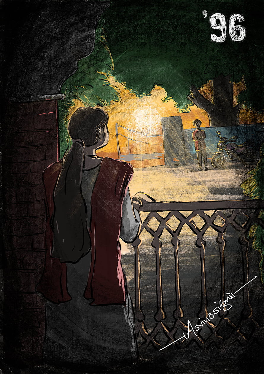 Nostalgic 96 Movie Artwork Featuring Ram and Janu at a Balcony Sunset HD phone wallpaper