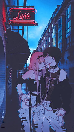 Zero Two and Hiro in Cyberpunk Street Art with Neon Luna Sign HD phone wallpaper