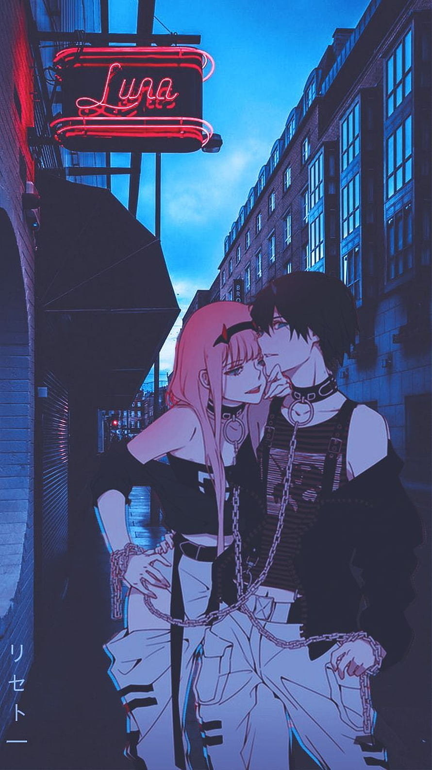 Zero Two and Hiro in Cyberpunk Street Art with Neon Luna Sign HD phone wallpaper