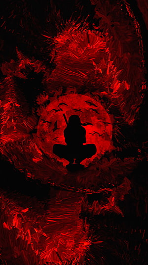 Itachi Uchiha Silhouette Meditating Before a Blood-Red Moon with Circling Crows HD phone wallpaper