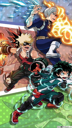 My Hero Academia Deku Bakugou and Todoroki in Dynamic Action Pose HD phone wallpaper
