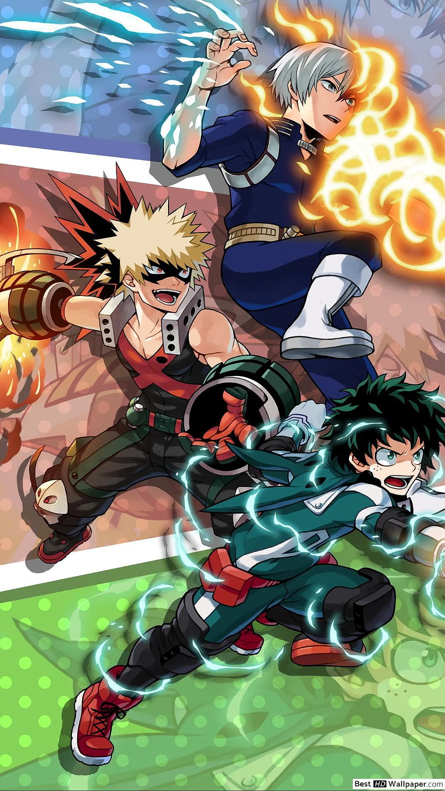 My Hero Academia Deku Bakugou and Todoroki in Dynamic Action Pose HD phone wallpaper