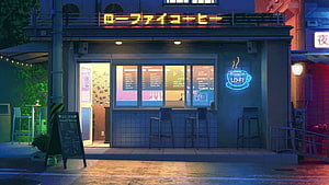 Lofi Coffee Shop Night Scene Anime Style Neon Sign HD wallpaper