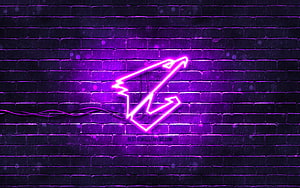 Aorus Violet Neon Logo Glowing on Dark Brick Wall HD wallpaper