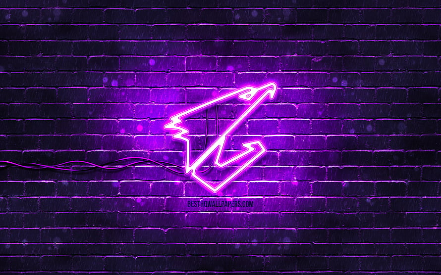 Aorus Violet Neon Logo Glowing on Dark Brick Wall HD wallpaper