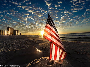 American Flag on Gulf Shores Beach at Sunset with Coastal High-Rises HD wallpaper