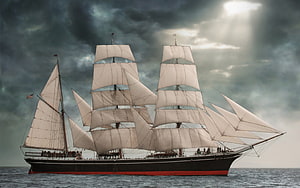 Three-Masted Sailing Ship with Full Canvas Sails on the Open Ocean Under Dramatic Stormy Skies HD wallpaper