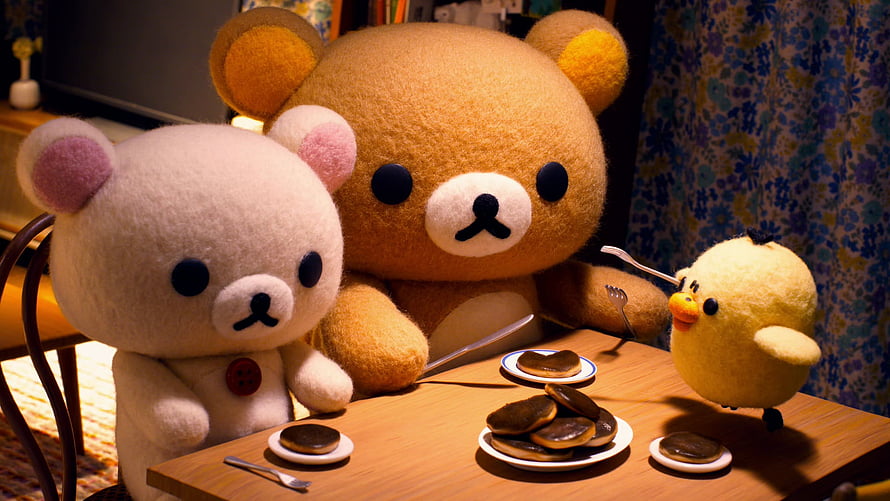 Rilakkuma and Kiiroitori Enjoying a Cozy Pancake Meal at a Wooden Table HD wallpaper
