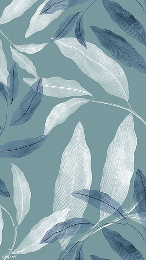 Elegant Blue and White Botanical Leaf Pattern on Teal Background HD phone wallpaper