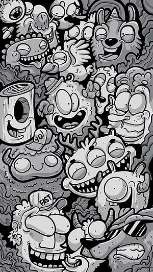 Grayscale Doodle Art Featuring a Crowd of Whimsical Cartoon Monsters and Characters HD phone wallpaper