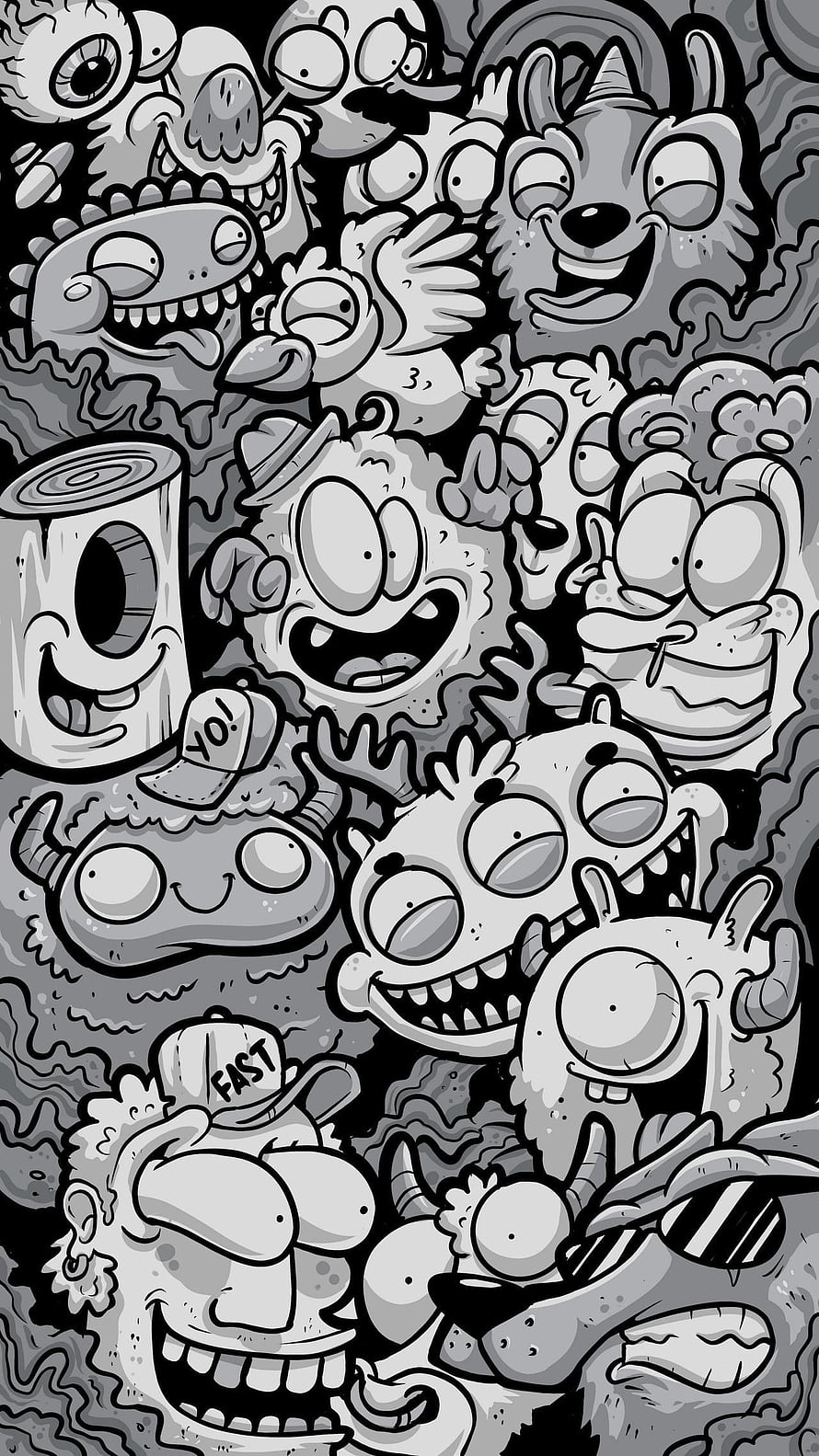 Grayscale Doodle Art Featuring a Crowd of Whimsical Cartoon Monsters and Characters HD phone wallpaper