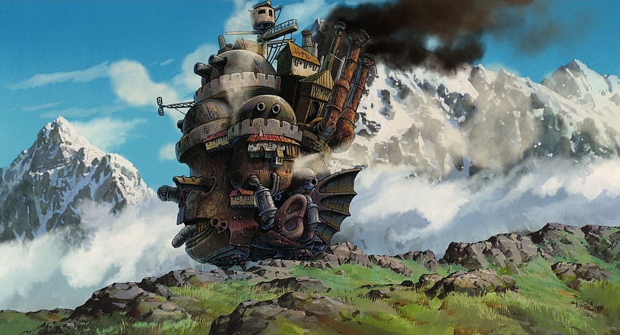 Howl's Moving Castle Steaming Through Snow-Capped Mountain Passes in Studio Ghibli Animation HD wallpaper