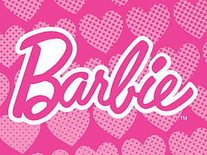 Barbie Logo on Pink Polka Dot Heart Pattern Background HD wallpaper