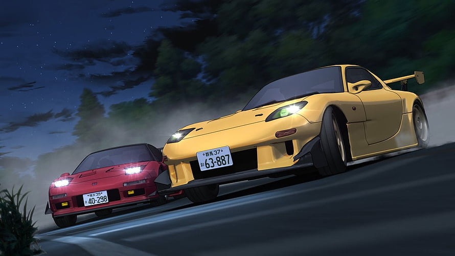 Initial D Project D Night Race Featuring Yellow FD3S and Red NSX on Mountain Road HD wallpaper